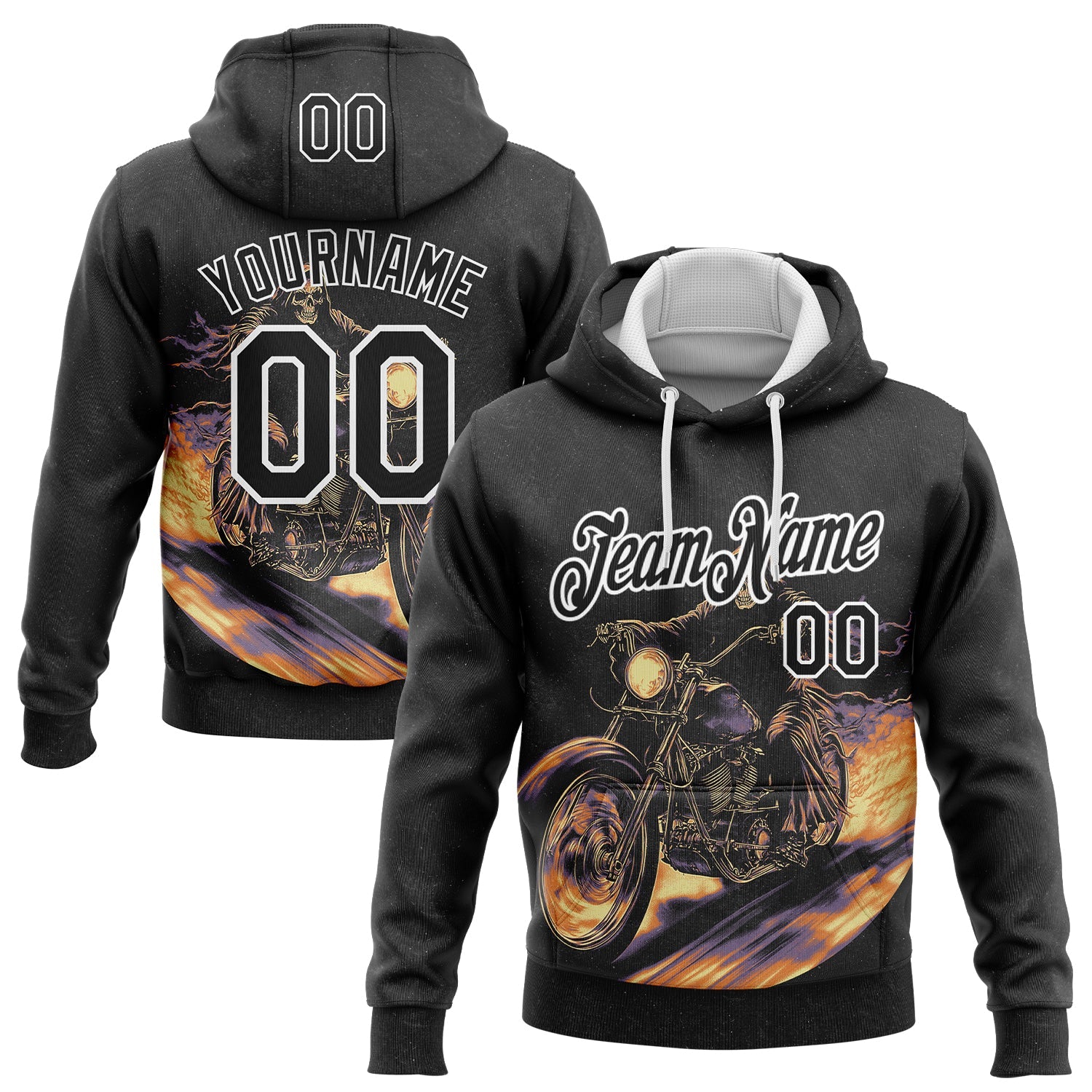 Custom Stitched Black White 3D Pattern Design Motorcycle Motocross Skull Racing Sports Pullover Sweatshirt Hoodie - Main View