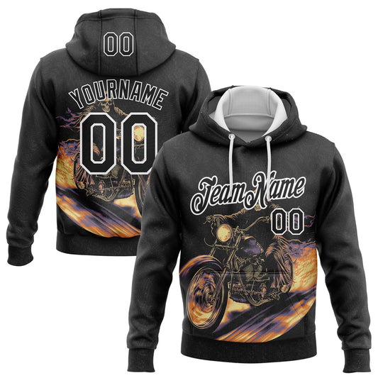 Custom Stitched Black White 3D Pattern Design Motorcycle Motocross Skull Racing Sports Pullover Sweatshirt Hoodie - Main View