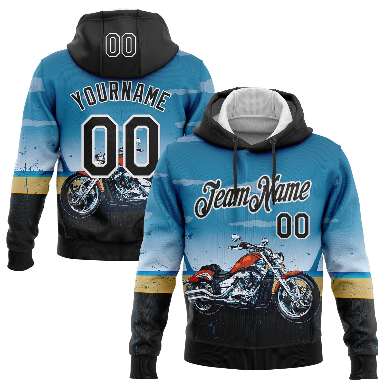 Custom Stitched Blue Black-White 3D Pattern Design Motorcycle Motocross Racing Sports Pullover Sweatshirt Hoodie - Main View