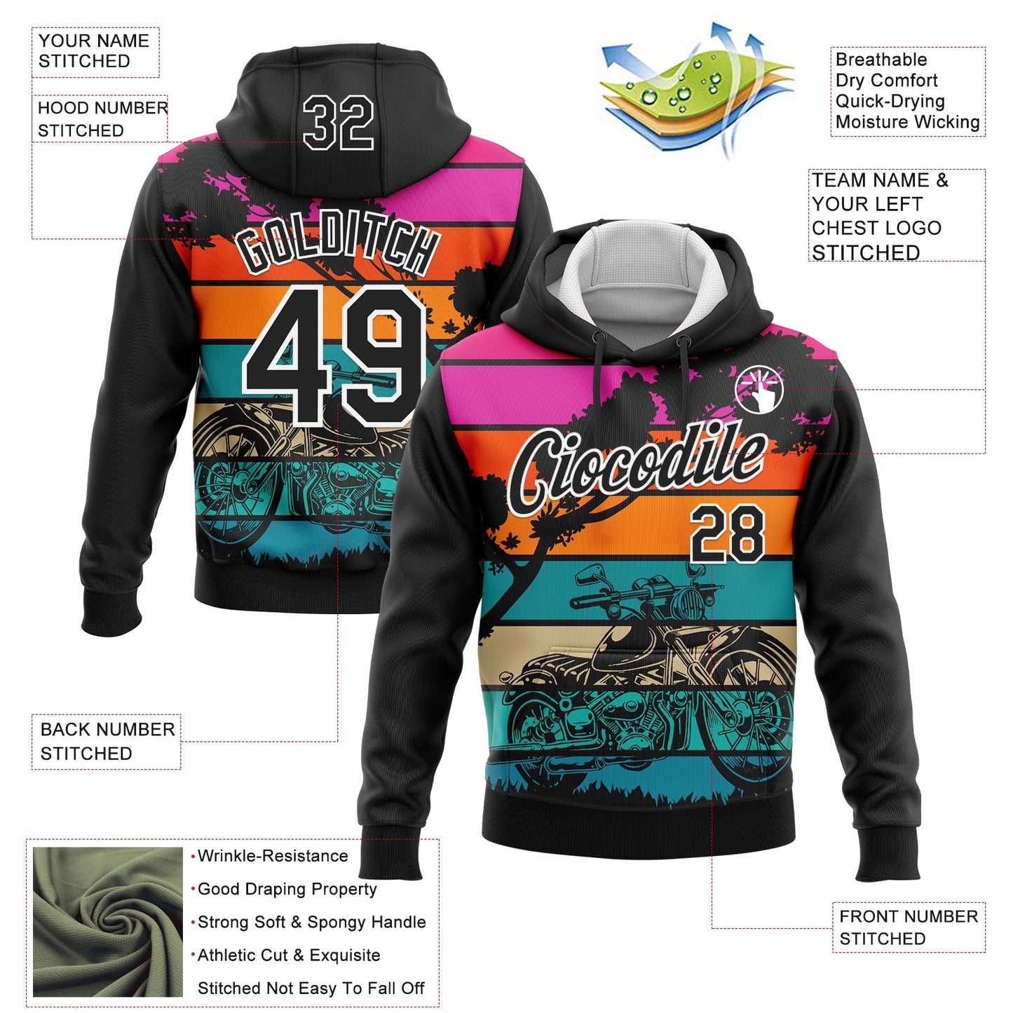 Custom Stitched Black White 3D Pattern Design Motorcycle Motocross Racing Sports Pullover Sweatshirt Hoodie view 2