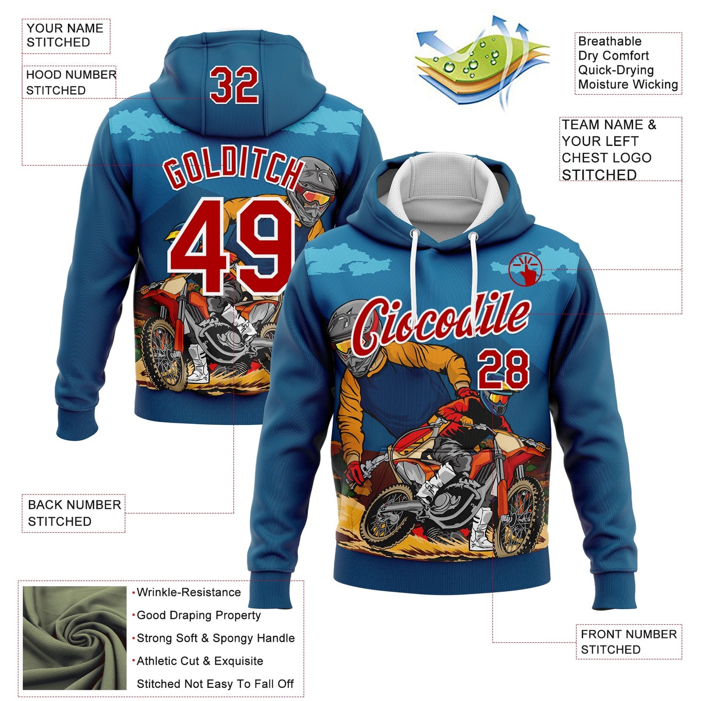 Custom Stitched Blue Red-White 3D Pattern Design Motorcycle Motocross Racing Sports Pullover Sweatshirt Hoodie view 2