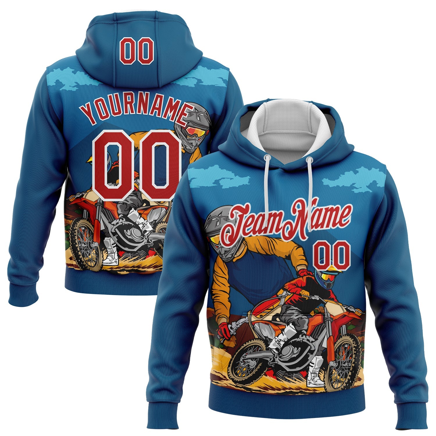 Custom Stitched Blue Red-White 3D Pattern Design Motorcycle Motocross Racing Sports Pullover Sweatshirt Hoodie - Main View