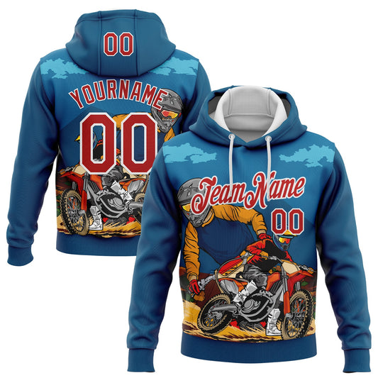 Custom Stitched Blue Red-White 3D Pattern Design Motorcycle Motocross Racing Sports Pullover Sweatshirt Hoodie - Main View