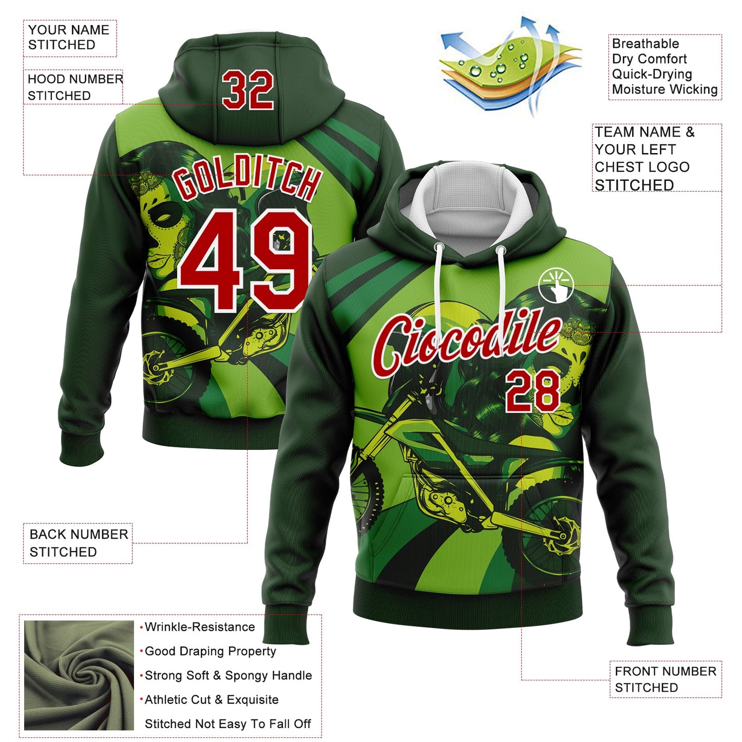 Custom Stitched Green Red-White 3D Pattern Design Motorcycle Motocross Skull Racing Sports Pullover Sweatshirt Hoodie view 2