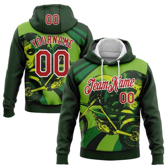 Custom Stitched Green Red-White 3D Pattern Design Motorcycle Motocross Skull Racing Sports Pullover Sweatshirt Hoodie - Main View