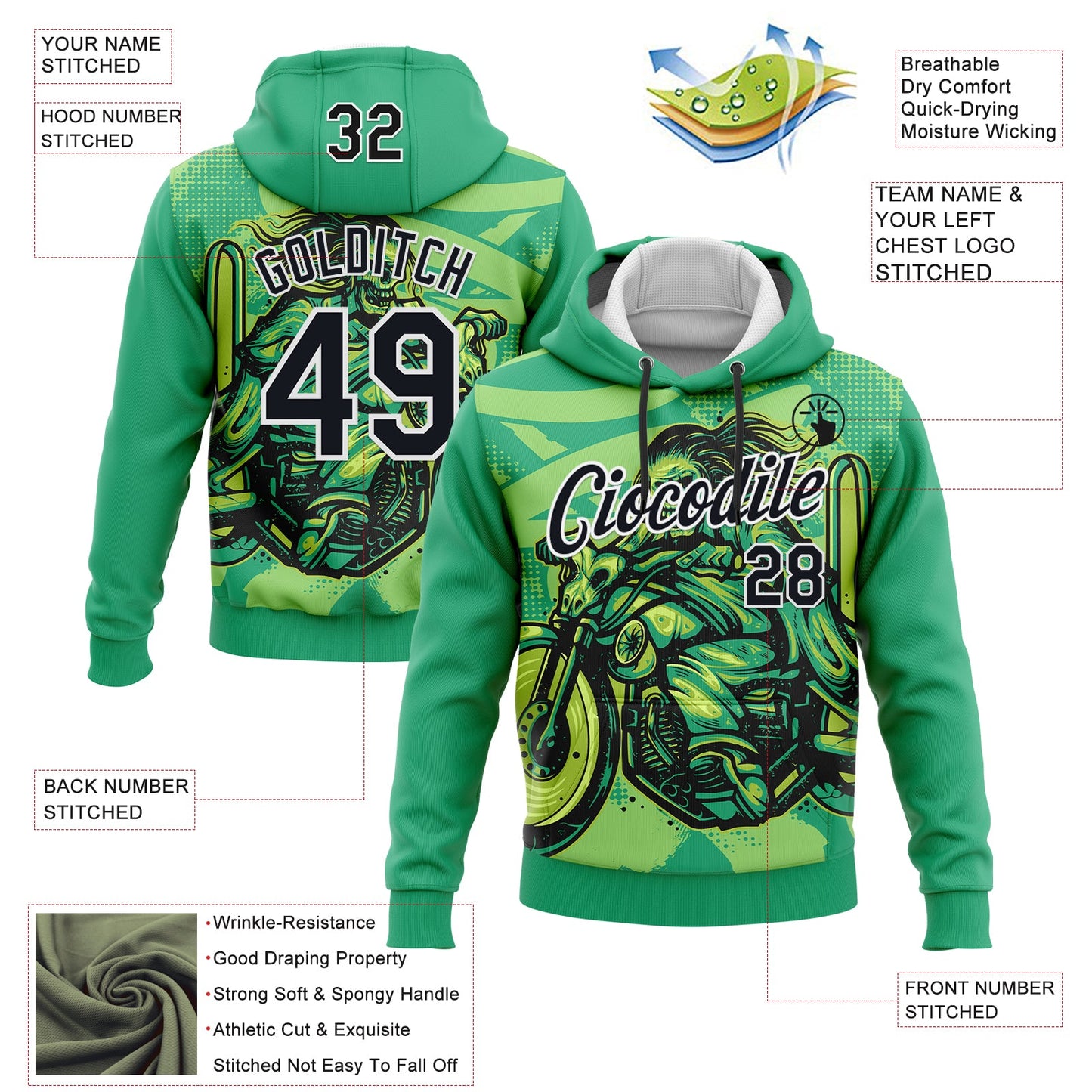 Custom Stitched Green Black-White 3D Pattern Design Motorcycle Motocross Skull Racing Sports Pullover Sweatshirt Hoodie view 2
