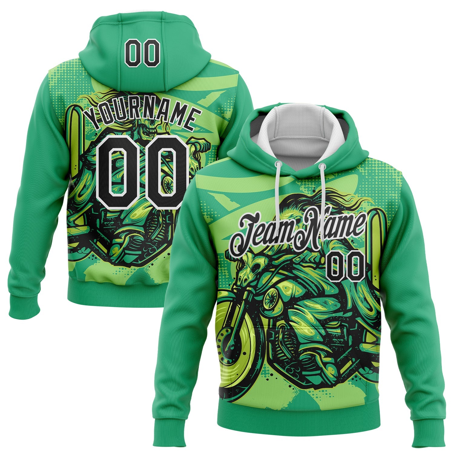Custom Stitched Green Black-White 3D Pattern Design Motorcycle Motocross Skull Racing Sports Pullover Sweatshirt Hoodie - Main View
