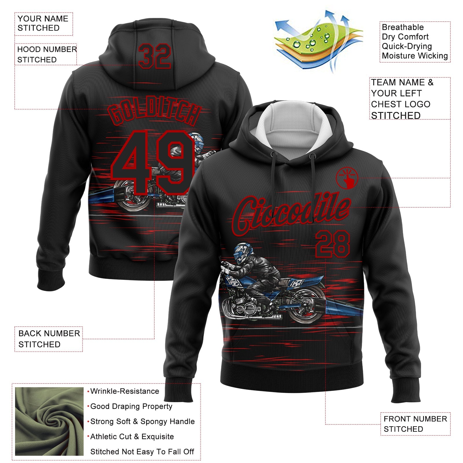 Custom Stitched Black Red 3D Pattern Design Motorcycle Motocross Skull Racing Sports Pullover Sweatshirt Hoodie view 2