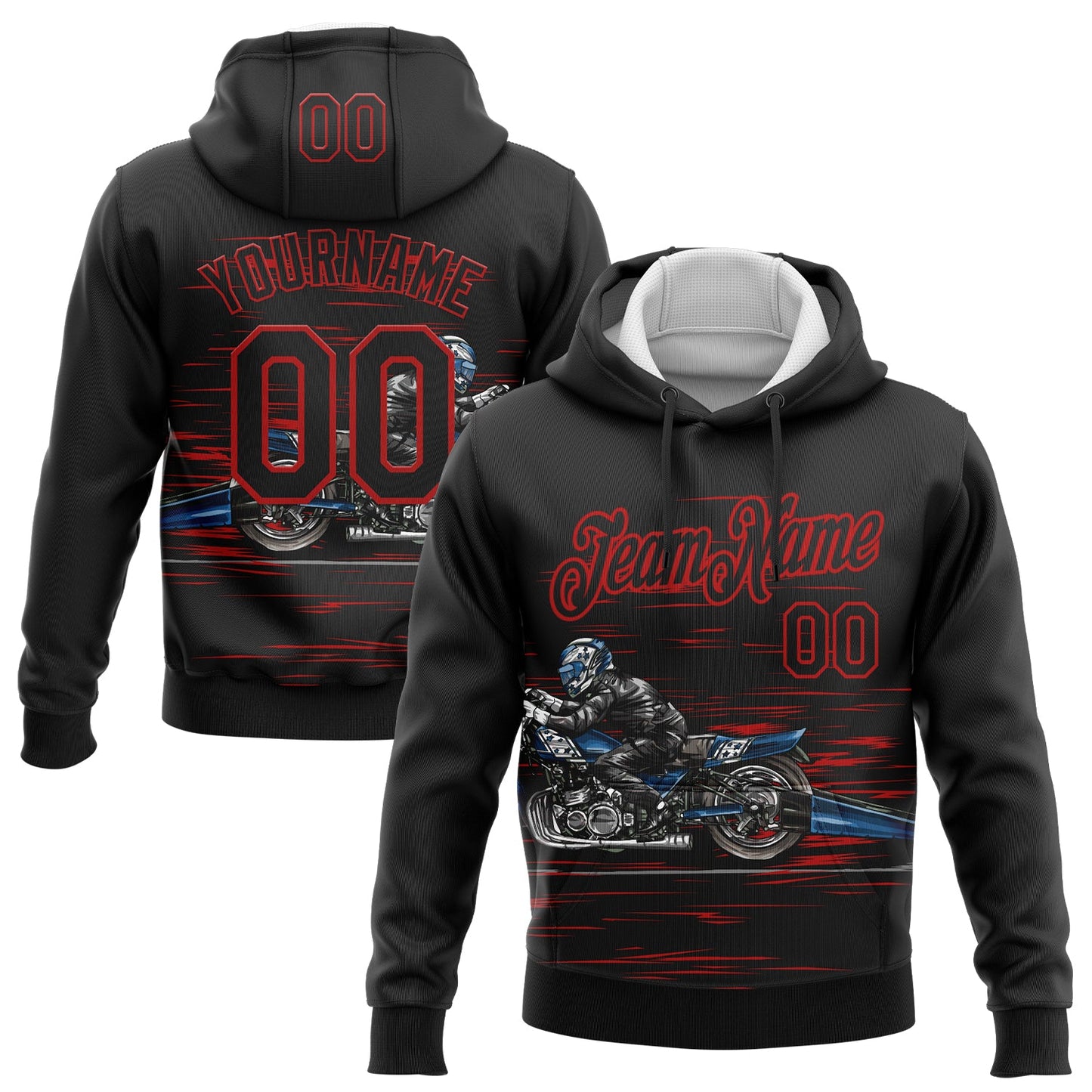 Custom Stitched Black Red 3D Pattern Design Motorcycle Motocross Skull Racing Sports Pullover Sweatshirt Hoodie - Main View