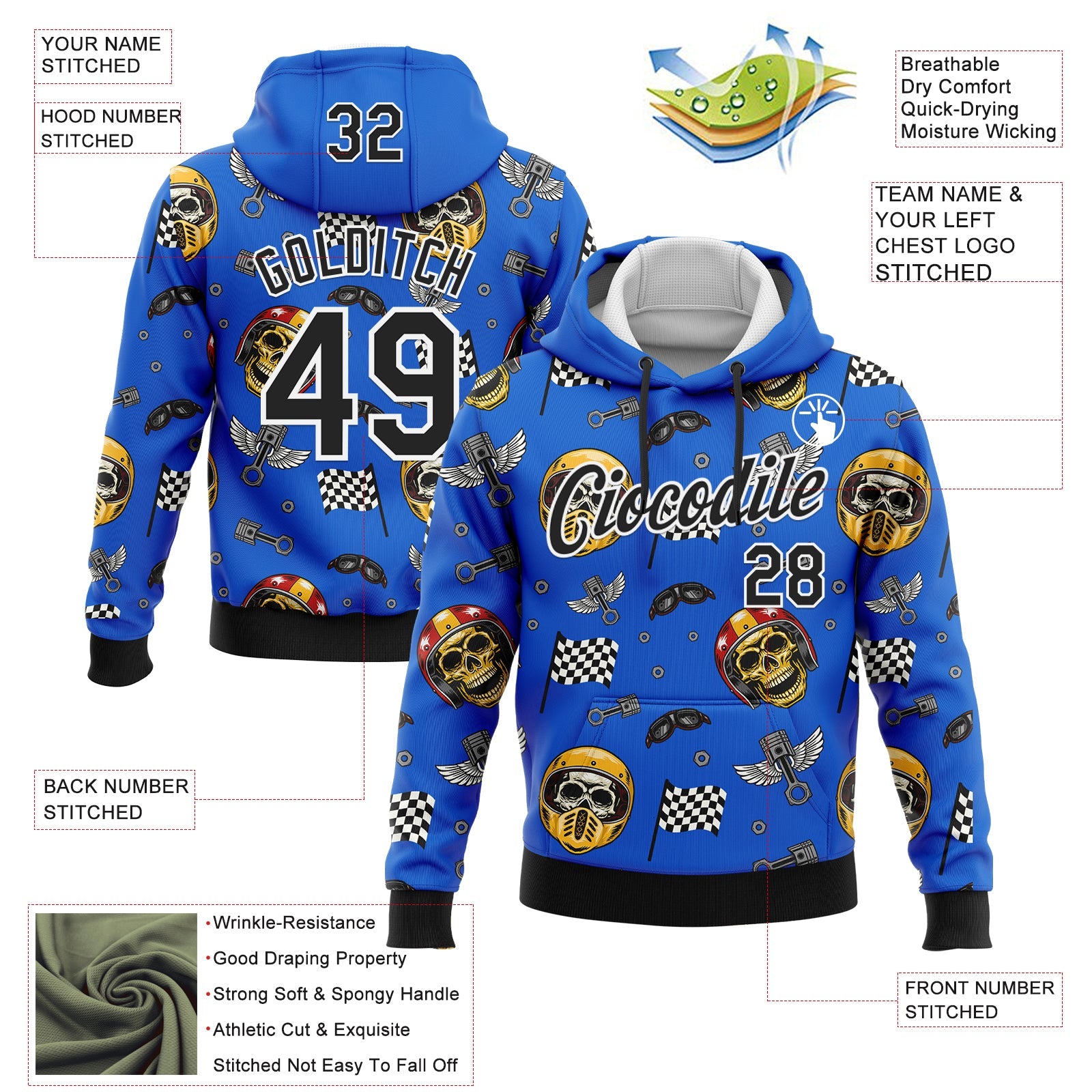 Custom Stitched Blue Black-White 3D Pattern Design Motorcycle Motocross Helmet Skull Racing Sports Pullover Sweatshirt Hoodie view 2