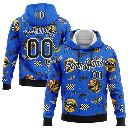 Custom Stitched Blue Black-White 3D Pattern Design Motorcycle Motocross Helmet Skull Racing Sports Pullover Sweatshirt Hoodie - Main View