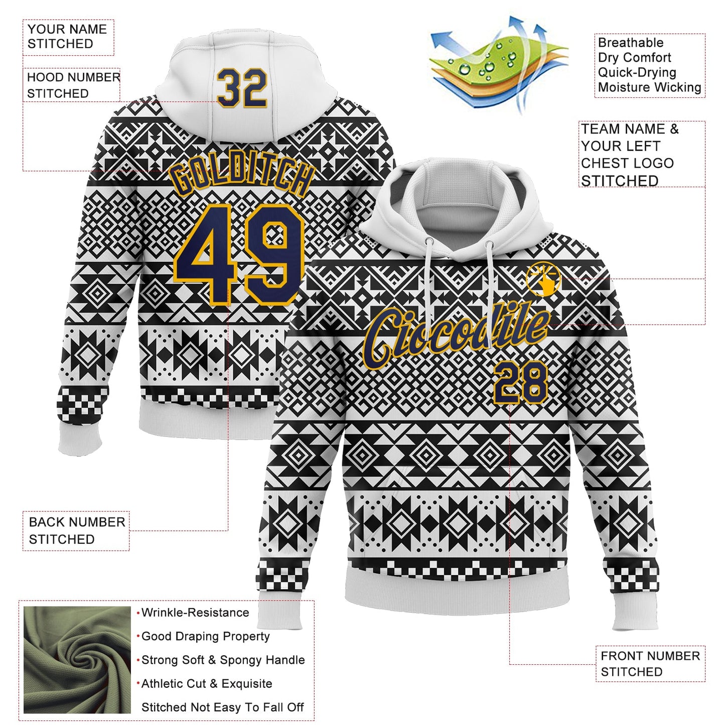 Custom Stitched White Navy-Gold 3D Pattern Design Tribal Ethnic Native American Sports Pullover Sweatshirt Hoodie view 2