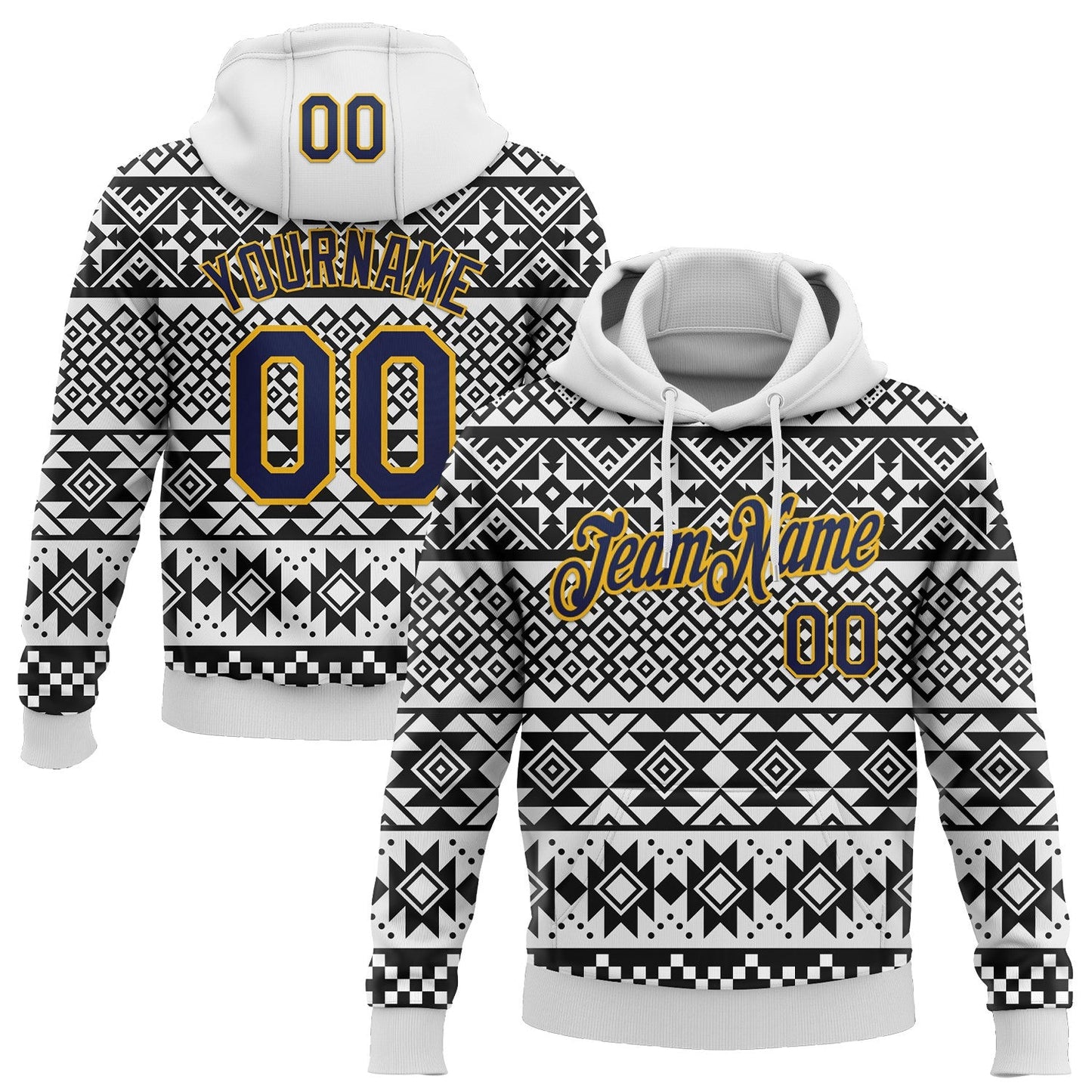 Custom Stitched White Navy-Gold 3D Pattern Design Tribal Ethnic Native American Sports Pullover Sweatshirt Hoodie - Main View