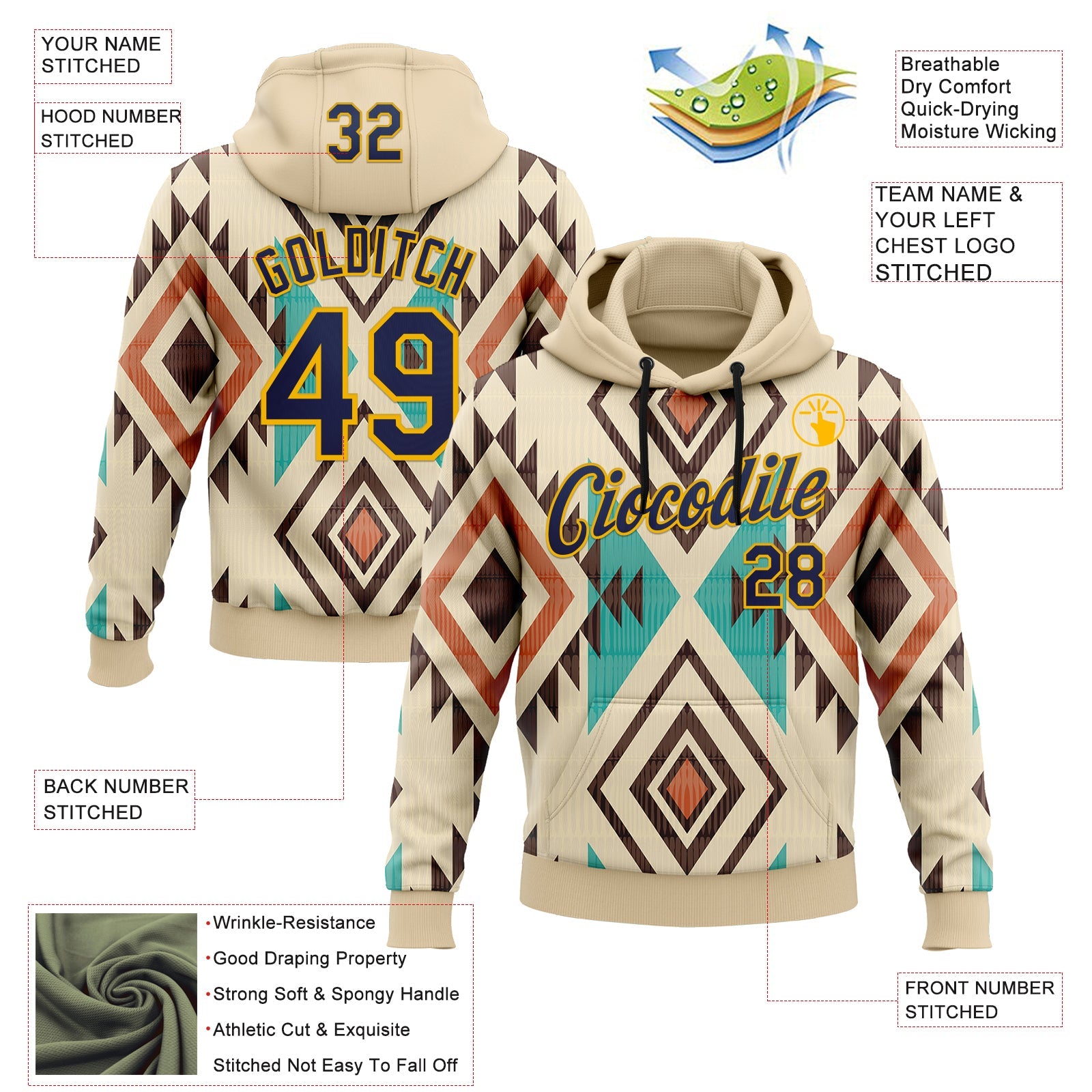Custom Stitched City Cream Navy-Gold 3D Pattern Design Tribal Ethnic Native American Sports Pullover Sweatshirt Hoodie view 2