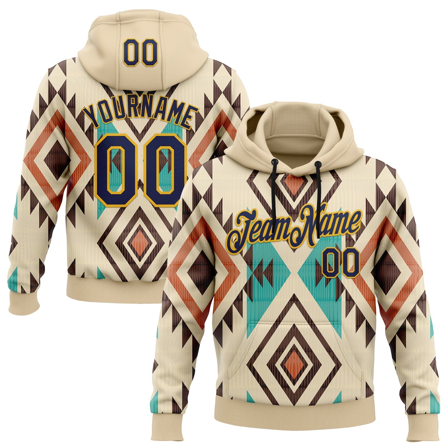 Custom Stitched City Cream Navy-Gold 3D Pattern Design Tribal Ethnic Native American Sports Pullover Sweatshirt Hoodie - Main View