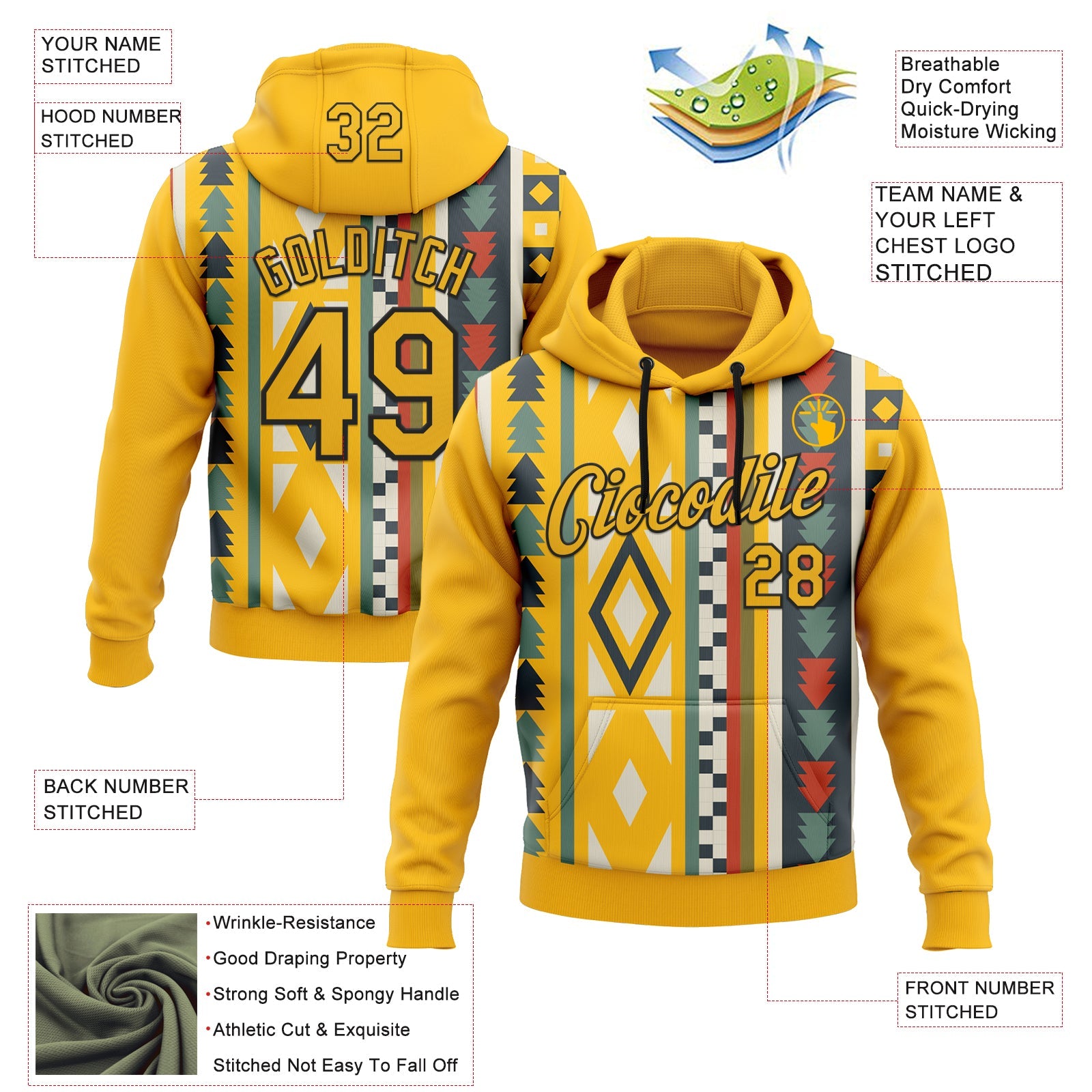 Custom Stitched Gold Black 3D Pattern Design Tribal Ethnic Native American Sports Pullover Sweatshirt Hoodie view 2