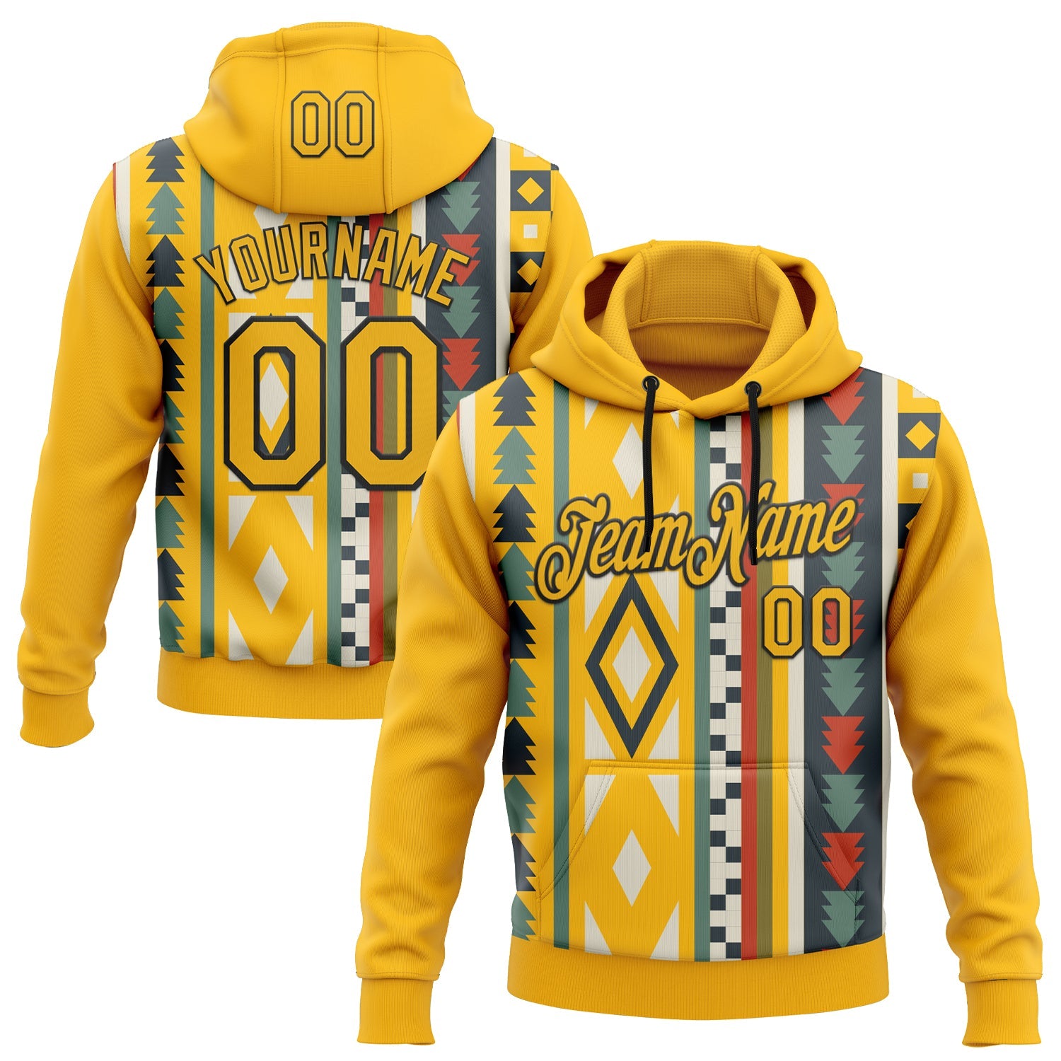 Custom Stitched Gold Black 3D Pattern Design Tribal Ethnic Native American Sports Pullover Sweatshirt Hoodie - Main View