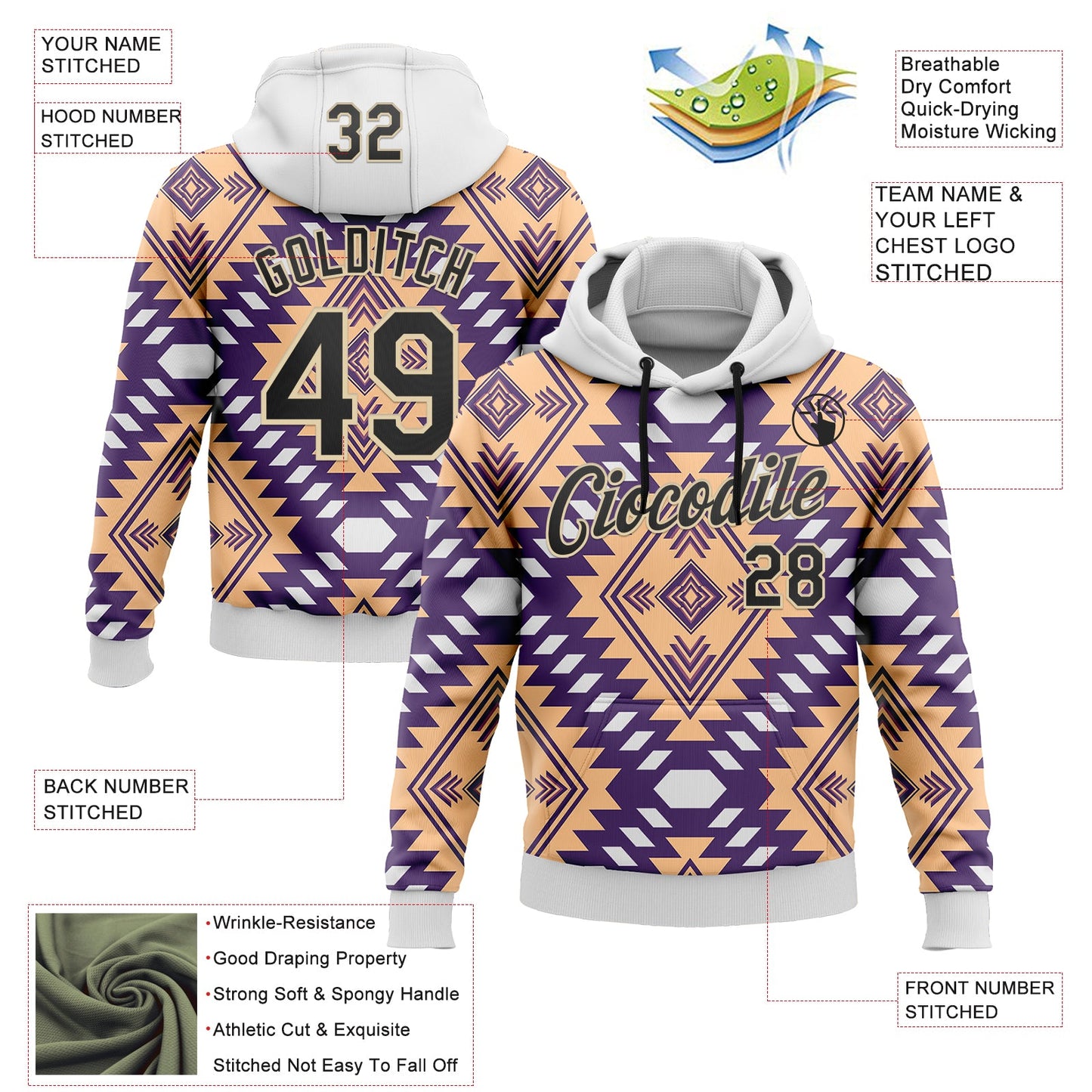 Custom Stitched White Black-City Cream 3D Pattern Design Tribal Ethnic Native American Sports Pullover Sweatshirt Hoodie view 2