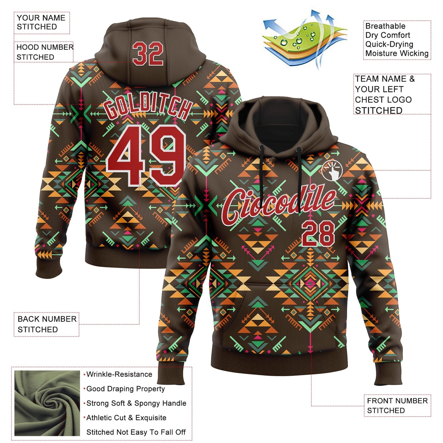 Custom Stitched Brown Red-White 3D Pattern Design Tribal Ethnic Native American Sports Pullover Sweatshirt Hoodie view 2