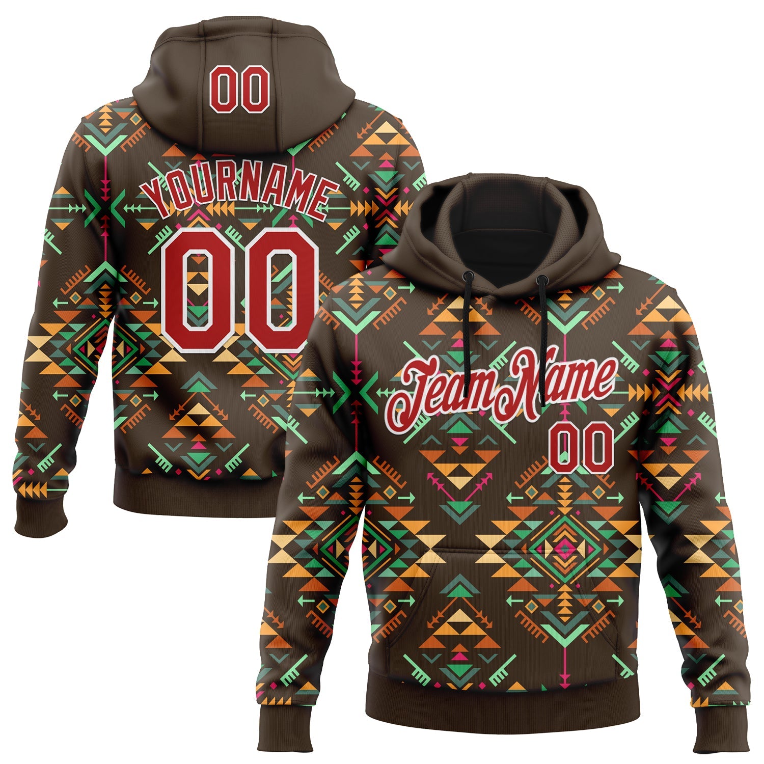 Custom Stitched Brown Red-White 3D Pattern Design Tribal Ethnic Native American Sports Pullover Sweatshirt Hoodie - Main View