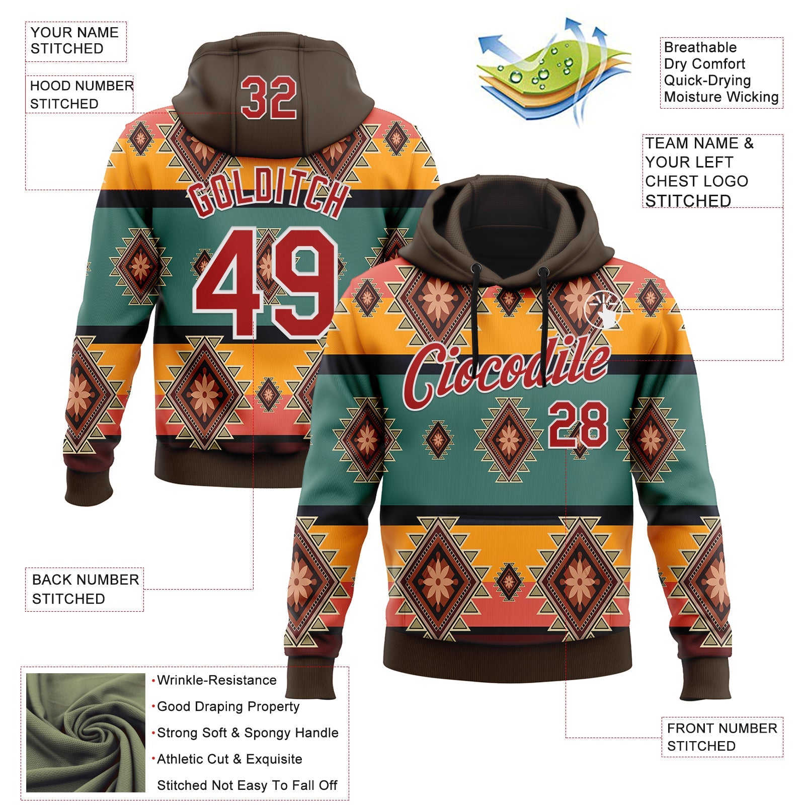 Custom Stitched Brown Red-White 3D Pattern Design Tribal Ethnic Native American Sports Pullover Sweatshirt Hoodie view 2