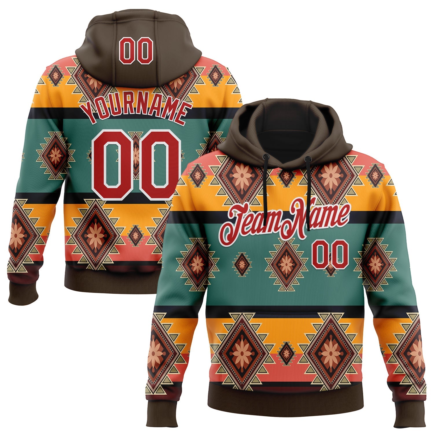 Custom Stitched Brown Red-White 3D Pattern Design Tribal Ethnic Native American Sports Pullover Sweatshirt Hoodie - Main View