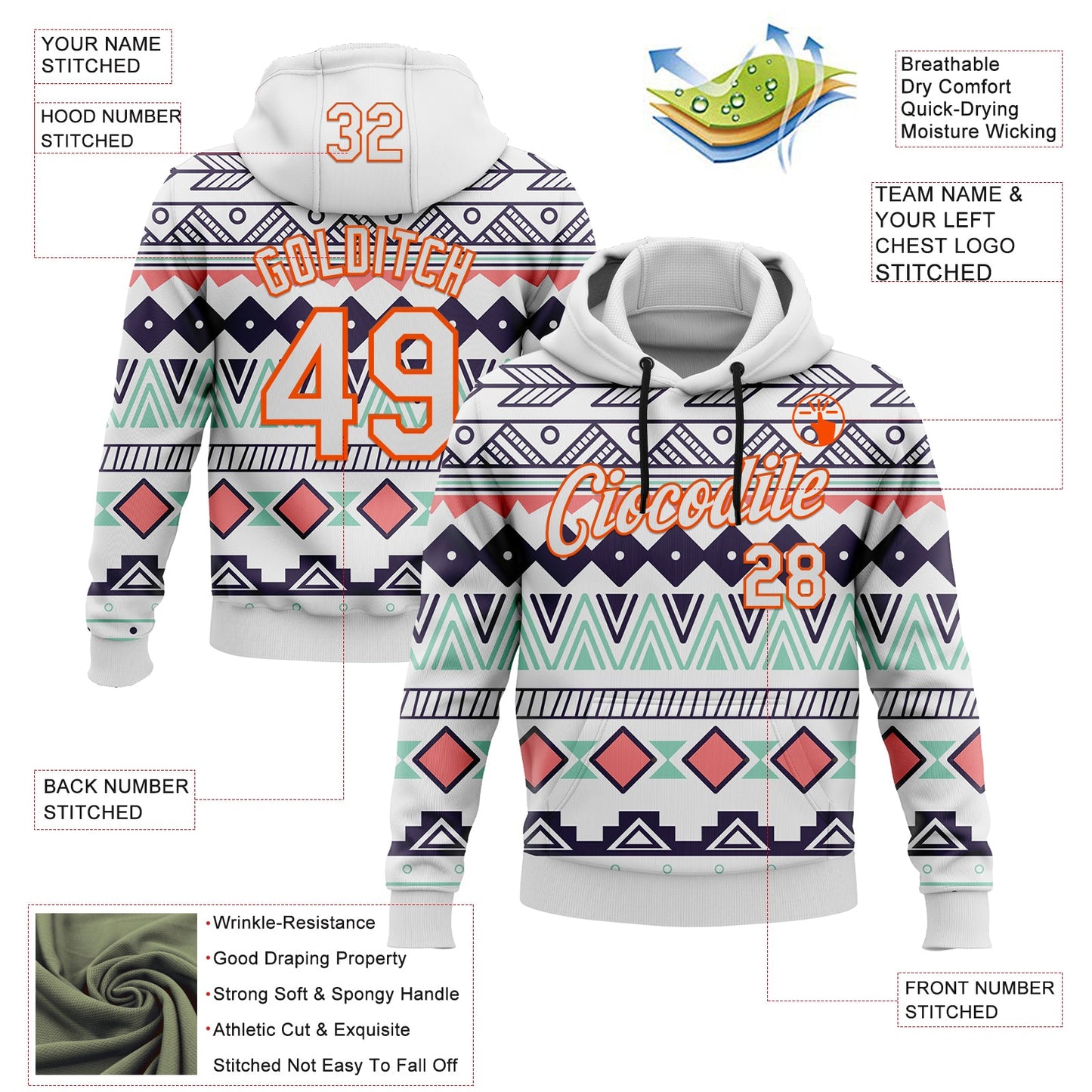 Custom Stitched White Orange 3D Pattern Design Tribal Ethnic Native American Sports Pullover Sweatshirt Hoodie view 2