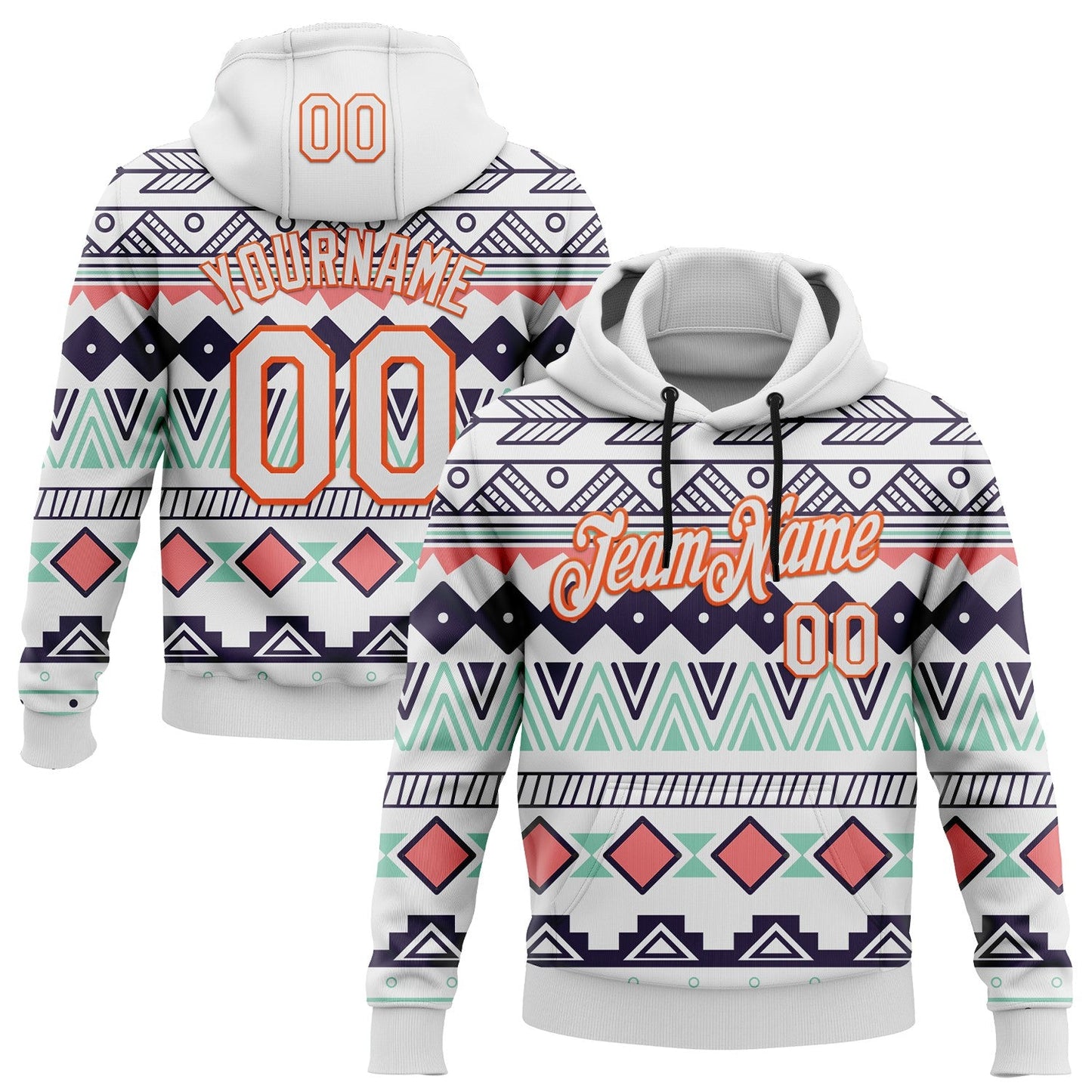 Custom Stitched White Orange 3D Pattern Design Tribal Ethnic Native American Sports Pullover Sweatshirt Hoodie - Main View