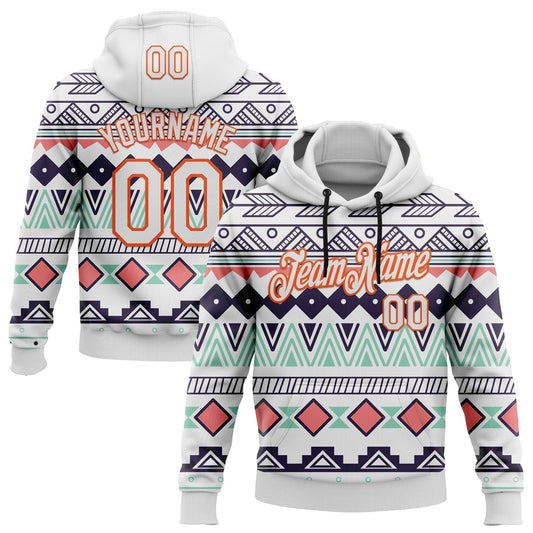 Custom Stitched White Orange 3D Pattern Design Tribal Ethnic Native American Sports Pullover Sweatshirt Hoodie - Main View