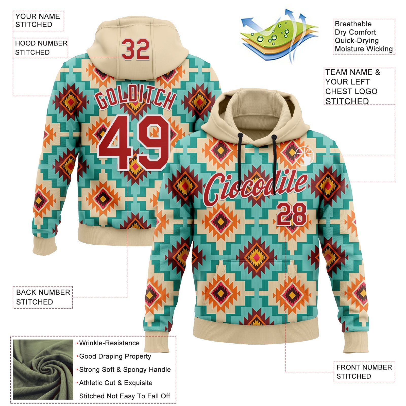 Custom Stitched City Cream Red-White 3D Pattern Design Tribal Ethnic Native American Sports Pullover Sweatshirt Hoodie view 2