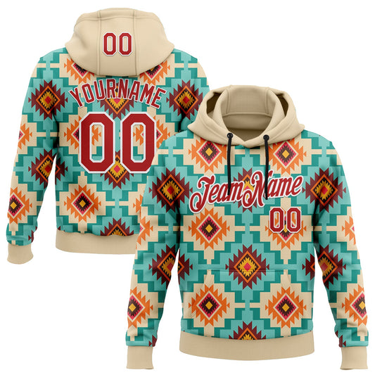 Custom Stitched City Cream Red-White 3D Pattern Design Tribal Ethnic Native American Sports Pullover Sweatshirt Hoodie - Main View