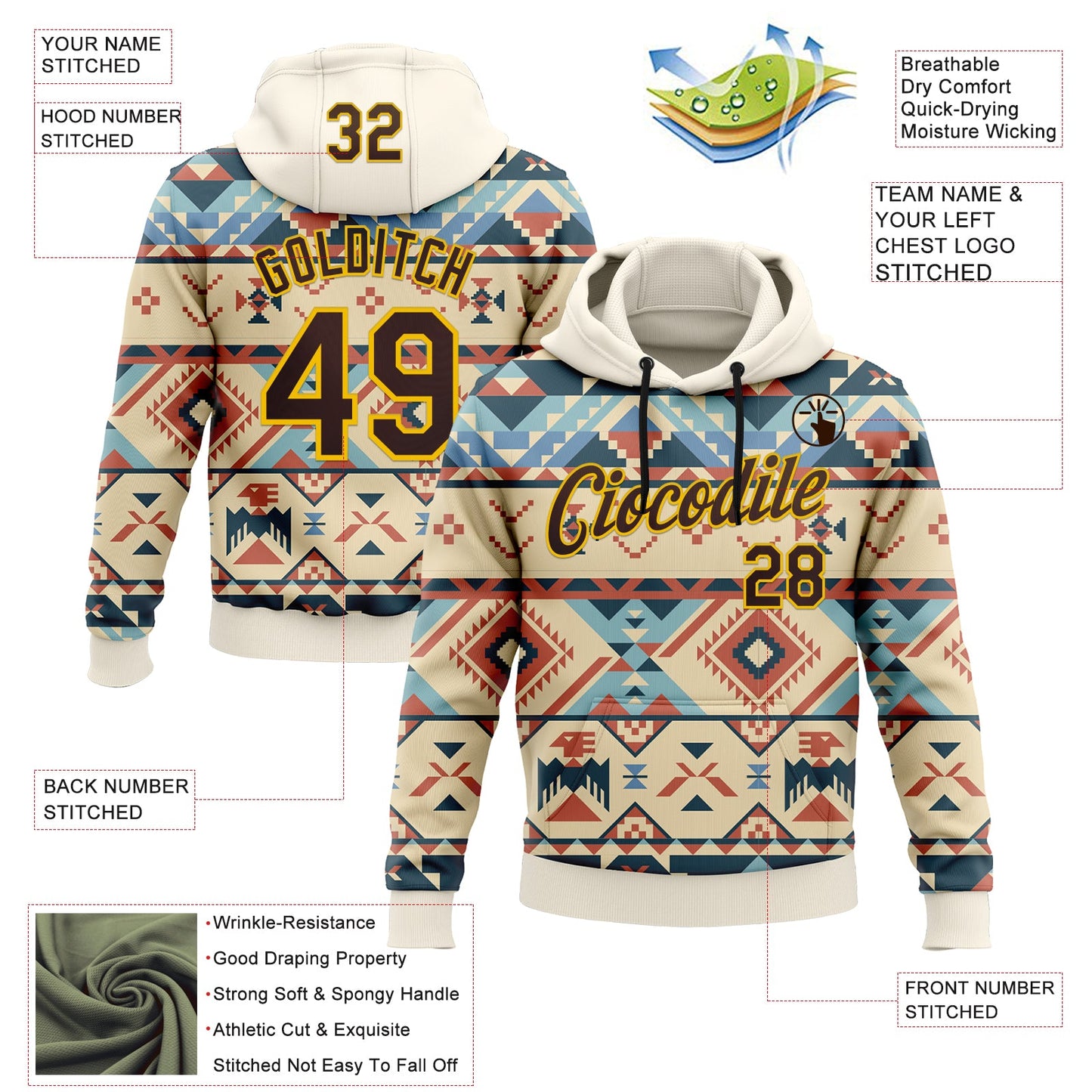 Custom Stitched Cream Brown-Yellow 3D Pattern Design Tribal Ethnic Native American Sports Pullover Sweatshirt Hoodie view 2