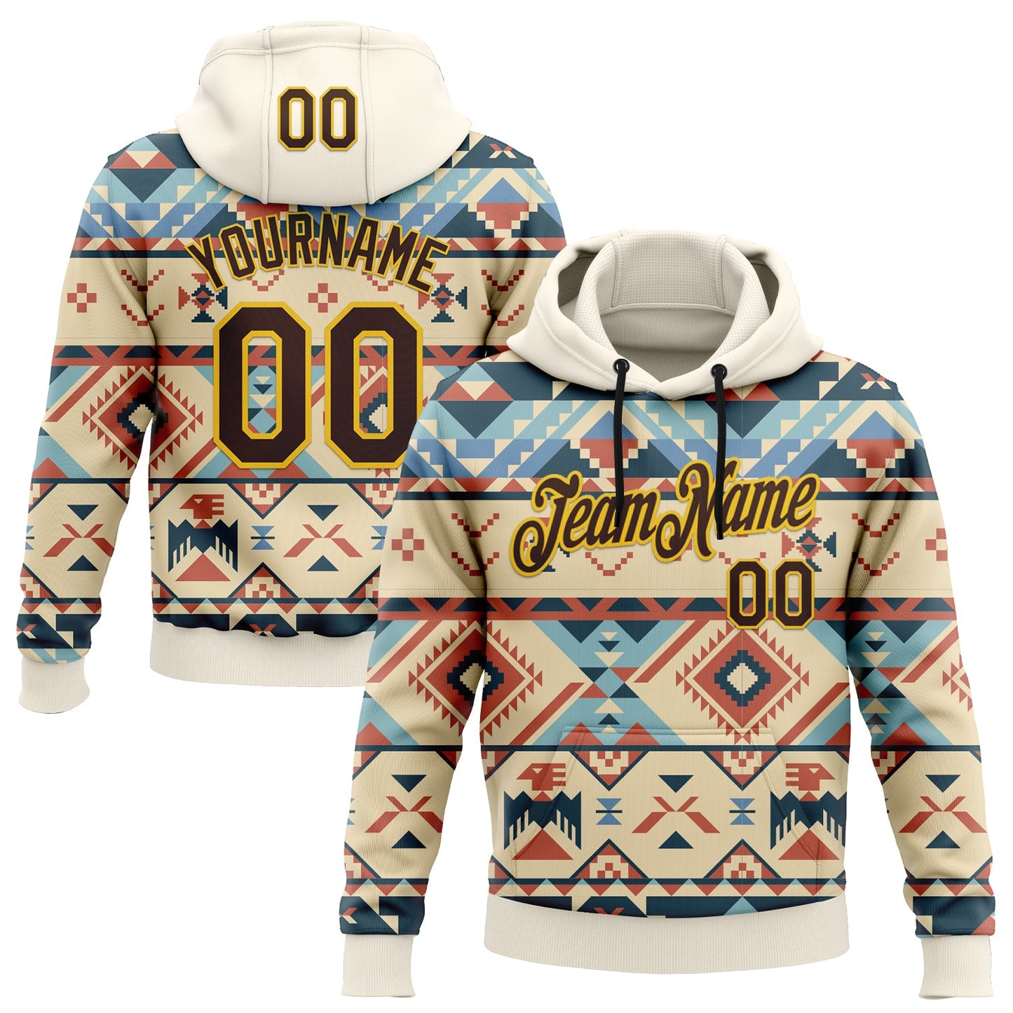 Custom Stitched Cream Brown-Yellow 3D Pattern Design Tribal Ethnic Native American Sports Pullover Sweatshirt Hoodie - Main View