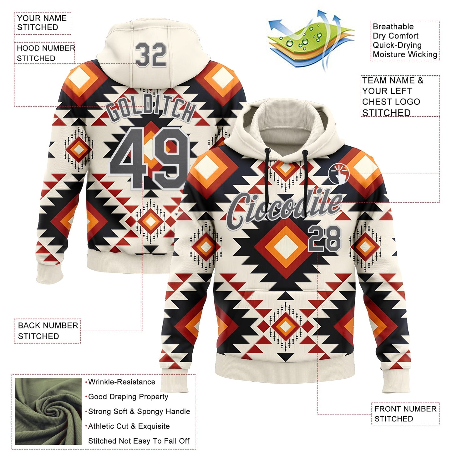 Custom Stitched Cream Steel Gray-White 3D Pattern Design Tribal Ethnic Native American Sports Pullover Sweatshirt Hoodie view 2