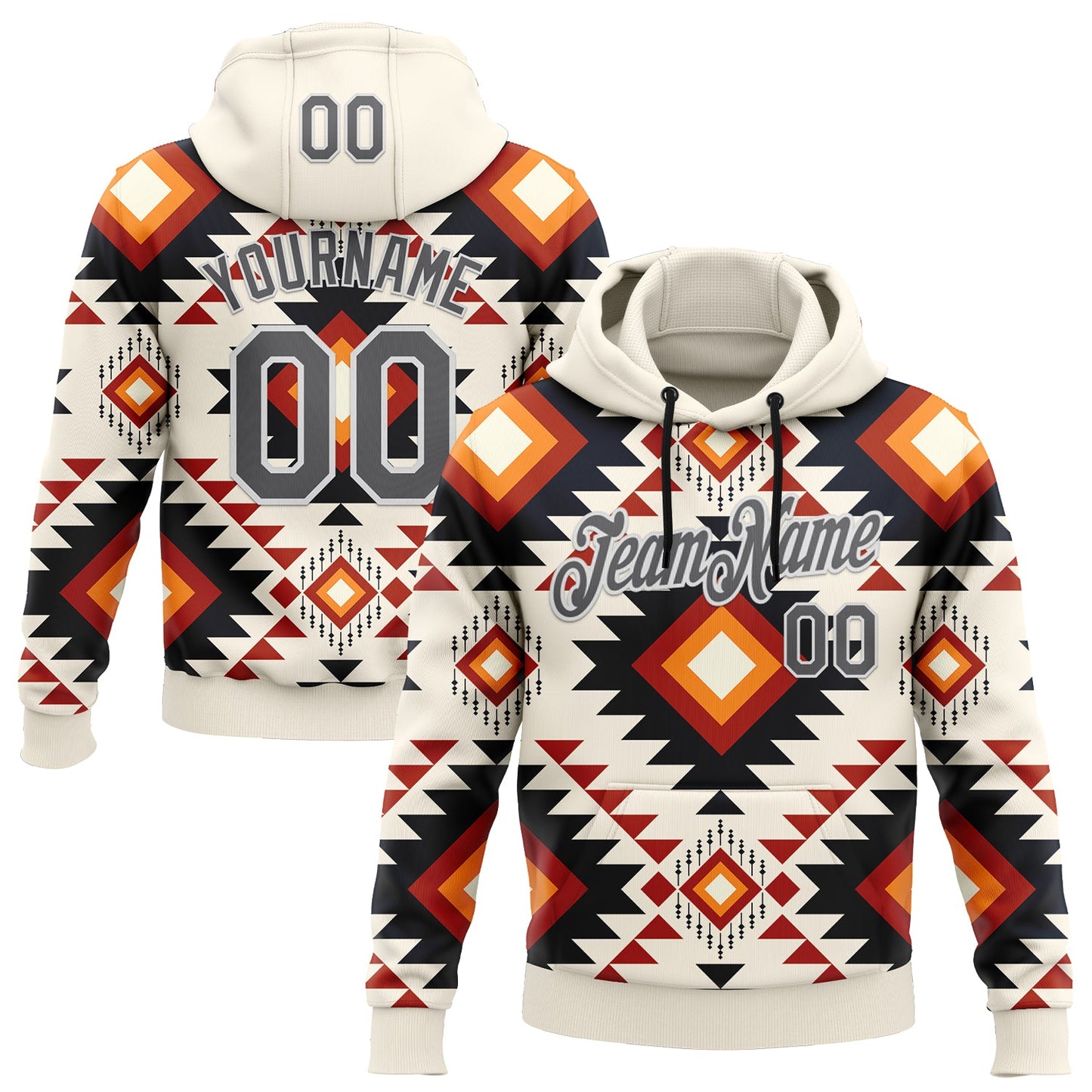 Custom Stitched Cream Steel Gray-White 3D Pattern Design Tribal Ethnic Native American Sports Pullover Sweatshirt Hoodie - Main View