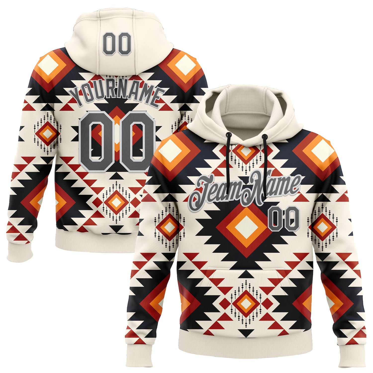 Custom Stitched Cream Steel Gray-White 3D Pattern Design Tribal Ethnic Native American Sports Pullover Sweatshirt Hoodie - Main View