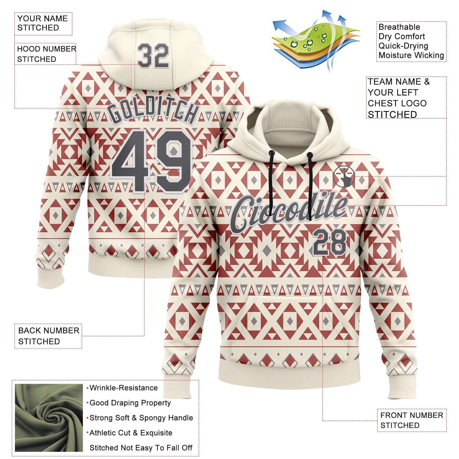 Custom Stitched Cream Steel Gray-White 3D Pattern Design Tribal Ethnic Native American Sports Pullover Sweatshirt Hoodie view 2