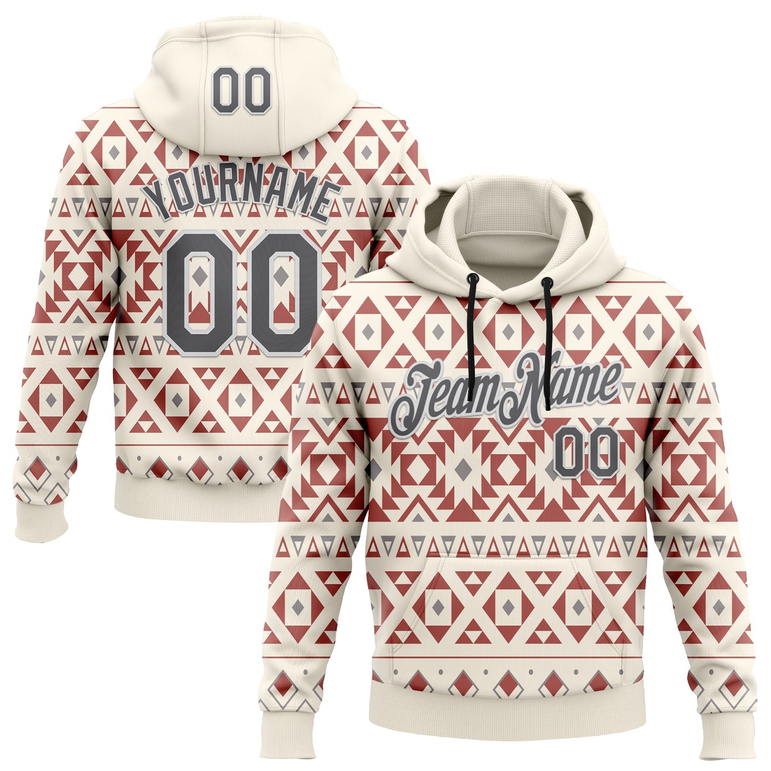 Custom Stitched Cream Steel Gray-White 3D Pattern Design Tribal Ethnic Native American Sports Pullover Sweatshirt Hoodie - Main View