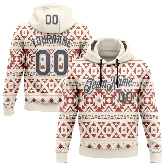 Custom Stitched Cream Steel Gray-White 3D Pattern Design Tribal Ethnic Native American Sports Pullover Sweatshirt Hoodie - Main View