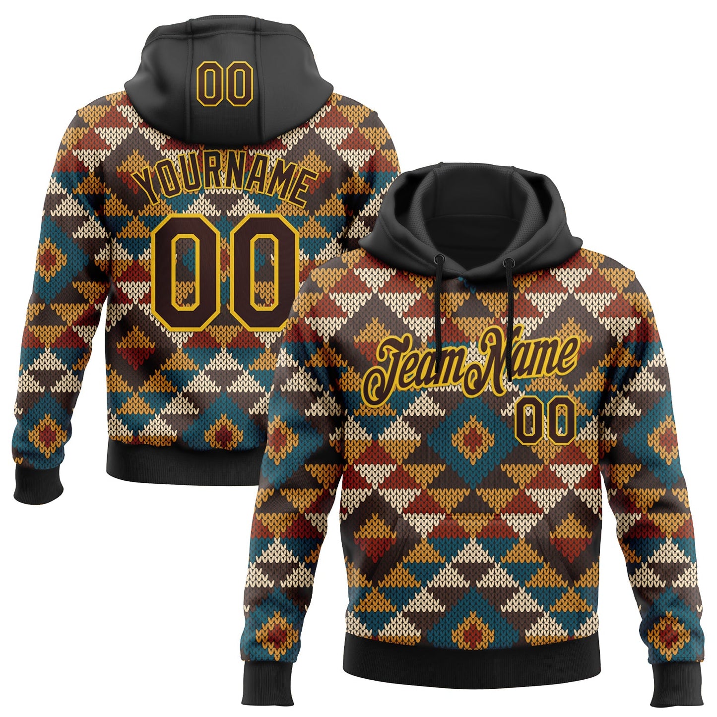Custom Stitched Black Brown-Yellow 3D Pattern Design Tribal Ethnic Native American Sports Pullover Sweatshirt Hoodie - Main View