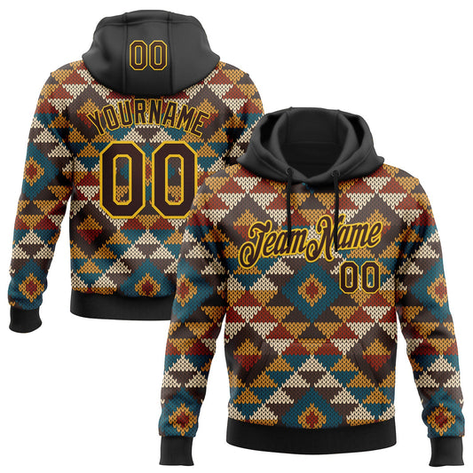 Custom Stitched Black Brown-Yellow 3D Pattern Design Tribal Ethnic Native American Sports Pullover Sweatshirt Hoodie - Main View