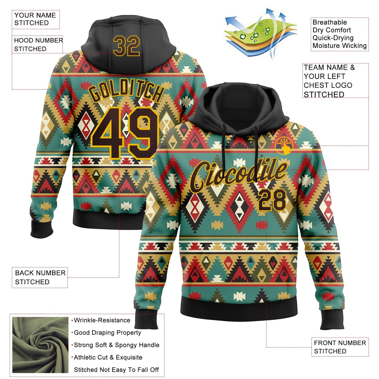 Custom Stitched Black Brown-Yellow 3D Pattern Design Tribal Ethnic Native American Sports Pullover Sweatshirt Hoodie view 2