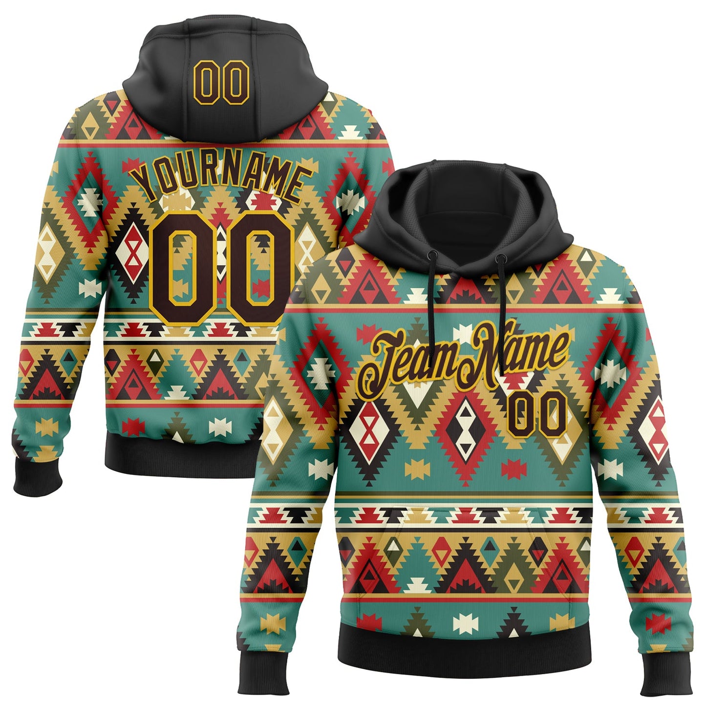 Custom Stitched Black Brown-Yellow 3D Pattern Design Tribal Ethnic Native American Sports Pullover Sweatshirt Hoodie - Main View