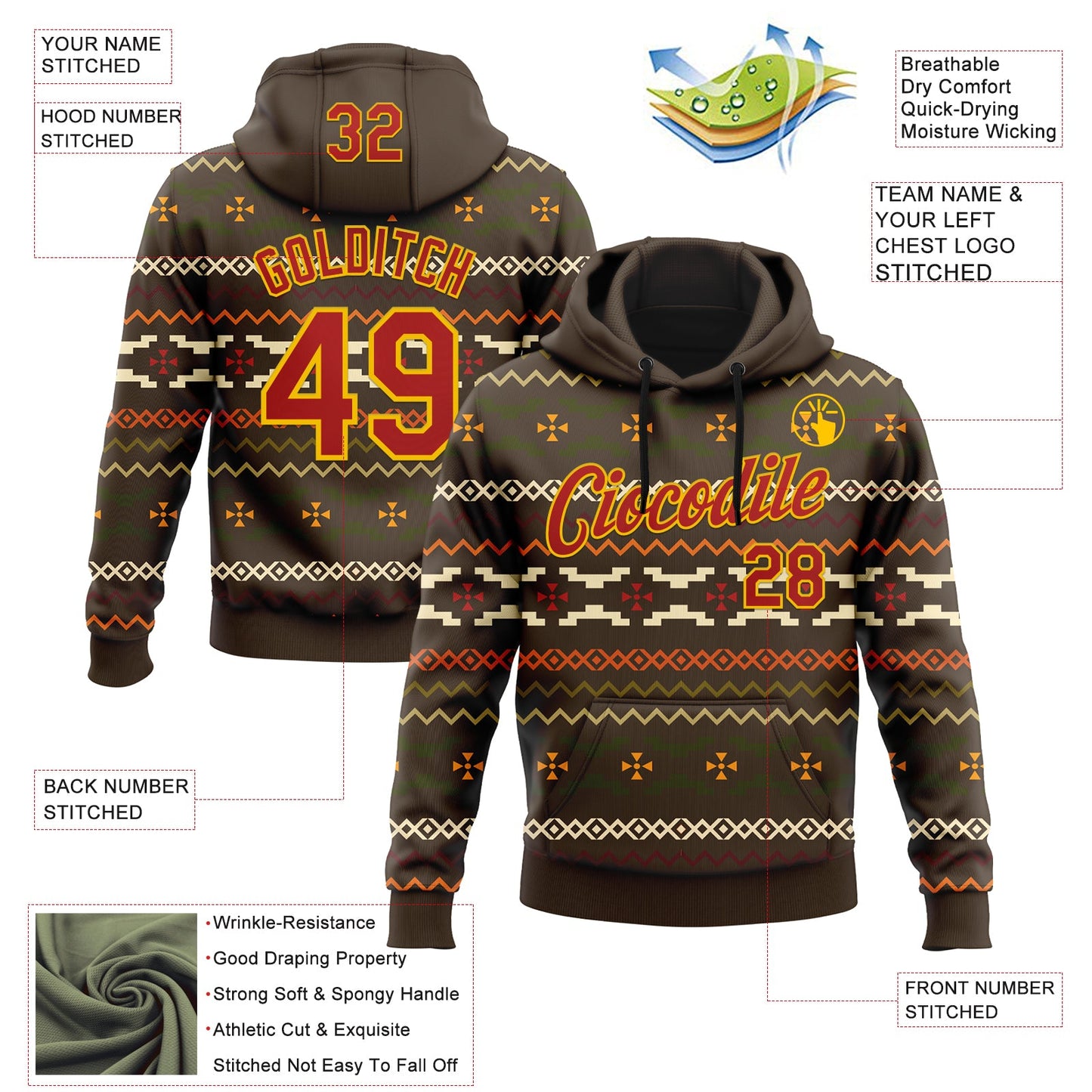 Custom Stitched Brown Red-Yellow 3D Pattern Design Tribal Ethnic Native American Sports Pullover Sweatshirt Hoodie view 2