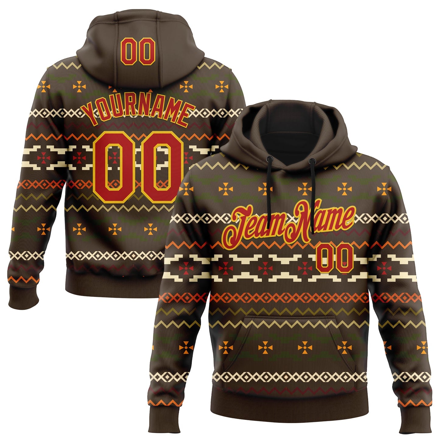 Custom Stitched Brown Red-Yellow 3D Pattern Design Tribal Ethnic Native American Sports Pullover Sweatshirt Hoodie - Main View