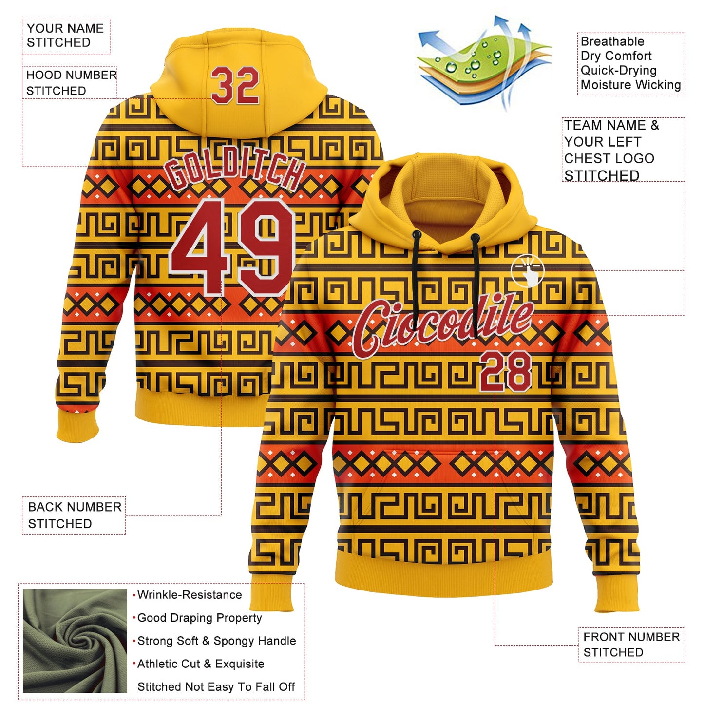 Custom Stitched Gold Red-White 3D Pattern Design Tribal Ethnic Native American Sports Pullover Sweatshirt Hoodie view 2