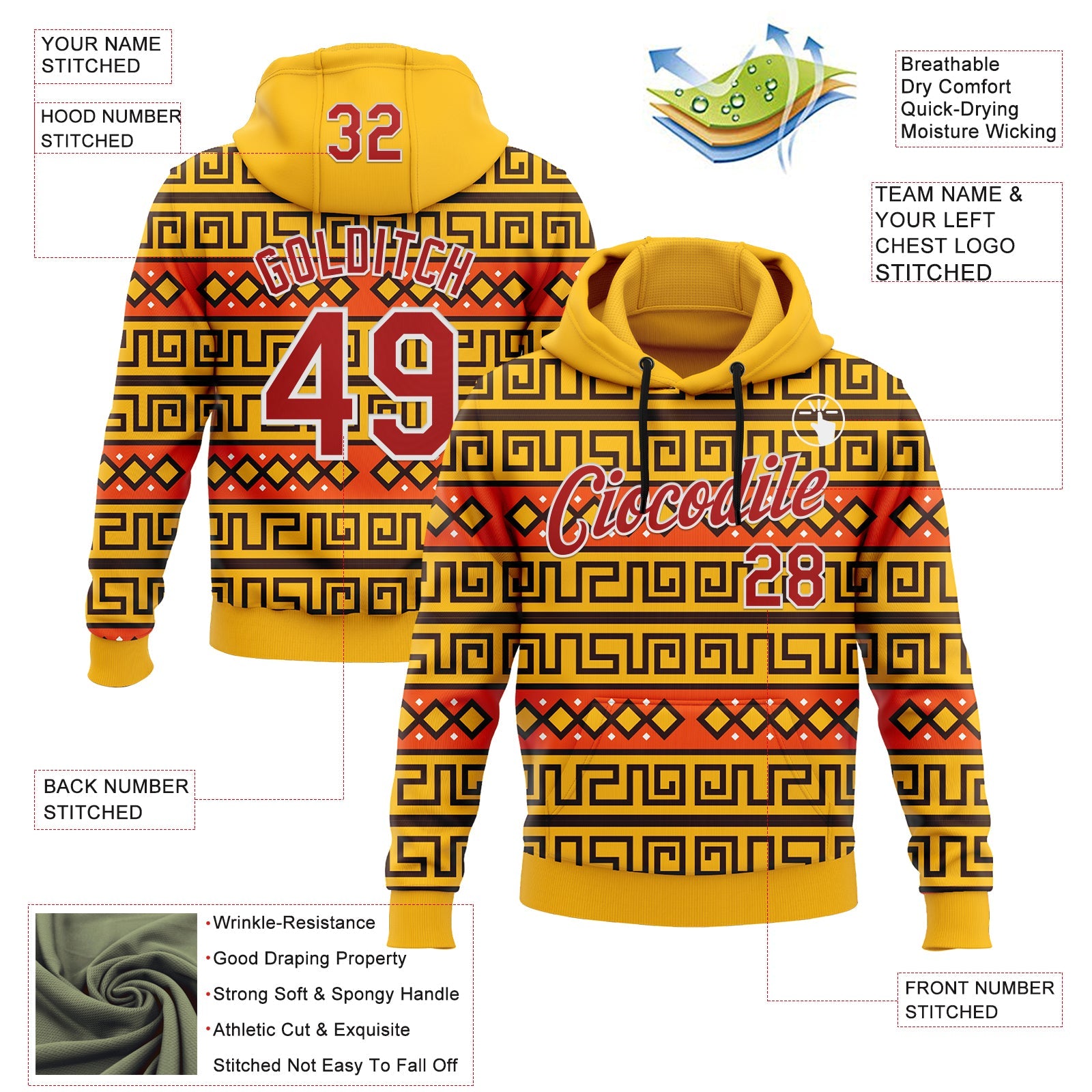 Custom Stitched Gold Red-White 3D Pattern Design Tribal Ethnic Native American Sports Pullover Sweatshirt Hoodie view 2