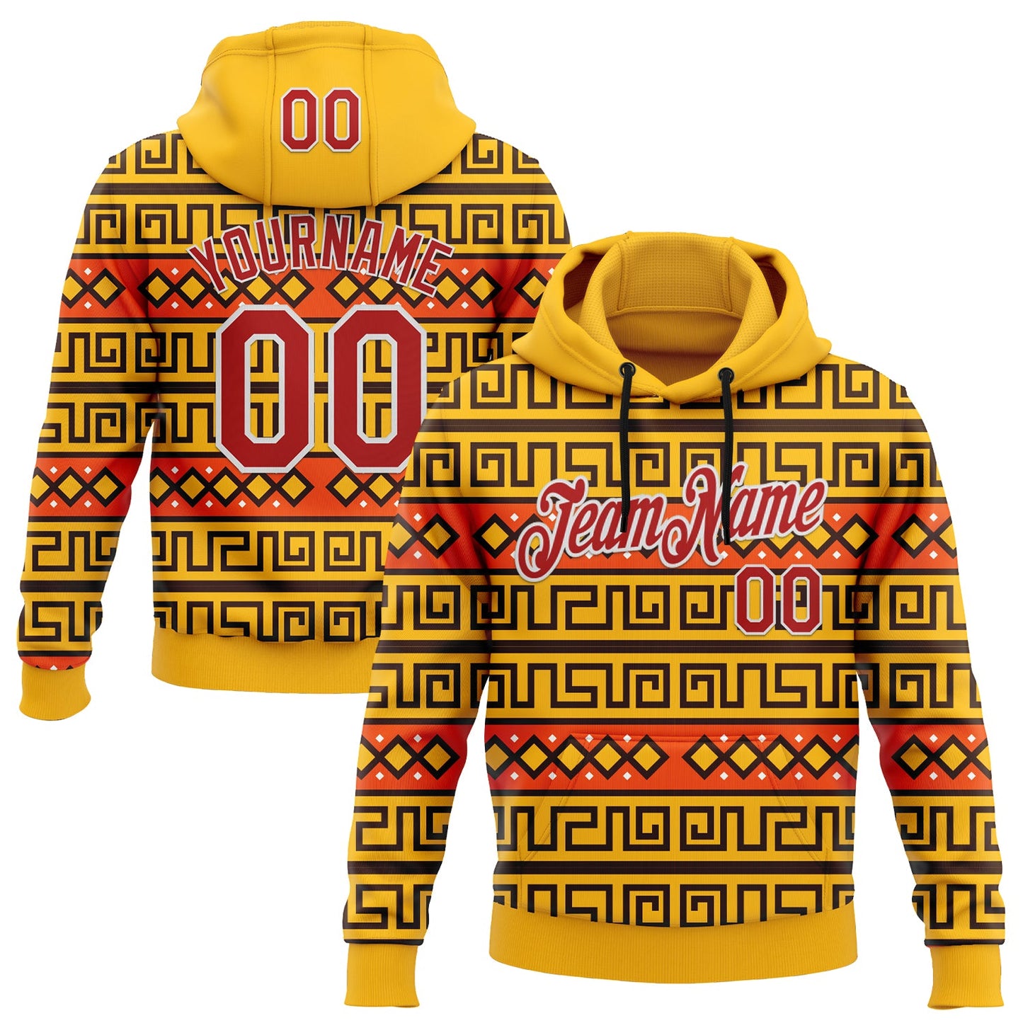 Custom Stitched Gold Red-White 3D Pattern Design Tribal Ethnic Native American Sports Pullover Sweatshirt Hoodie - Main View