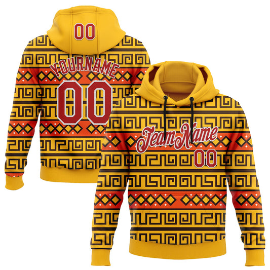 Custom Stitched Gold Red-White 3D Pattern Design Tribal Ethnic Native American Sports Pullover Sweatshirt Hoodie - Main View
