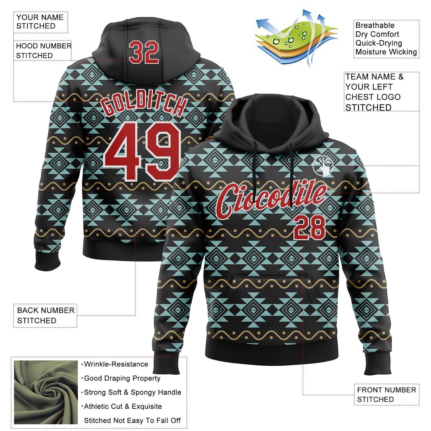 Custom Stitched Black Red-White 3D Pattern Design Tribal Ethnic Native American Sports Pullover Sweatshirt Hoodie view 2